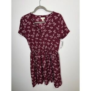 Maison Jules Burgundy Floral Polka Dot V-Neck Fit & Flare Dress Small NWT